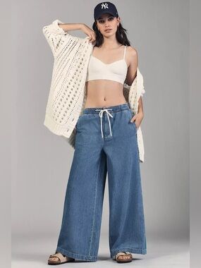 Pilcro Wide-Leg Drawstring Jeans in Blue